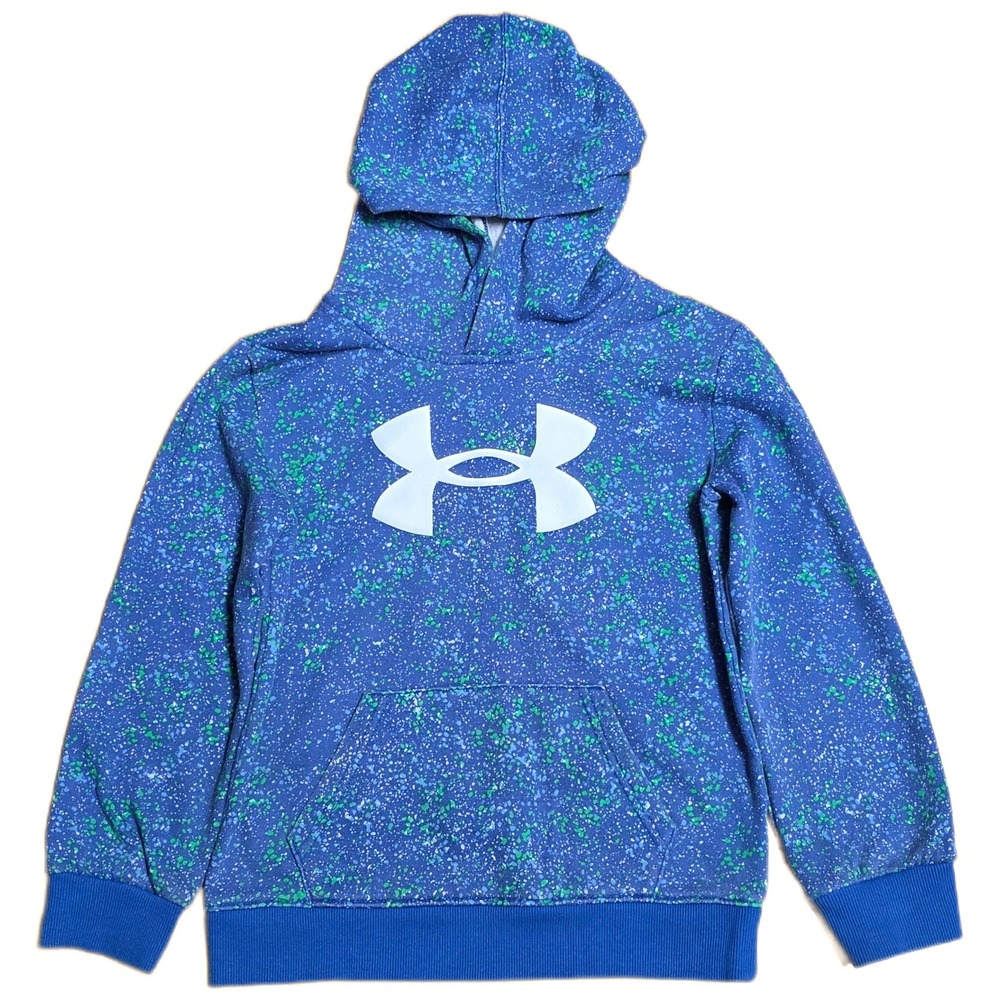 Under Armour Hoodie Kid's Size 7 Blue Logo Green Splatter Pullover